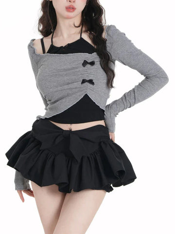 Voguable Korean 2 Piece Set Skirt Slim Y2k Crop Tops Casual Vintage Black Mini Skirt Kawaii Sweet Suit Woman Chic