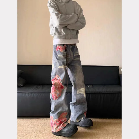 Hip Hop Ripped Wide Leg Trousers American casual jeans  Y2K washed distressed High Waist Baggy Straight demin pants