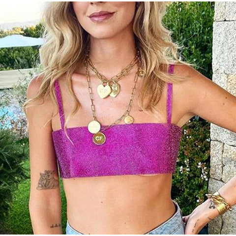 Glitter Club Crop Top Off Shoulder Tank Cami Clothing Super Short Party Night Shiny Bling Sleeveless Tube Tops Y2K