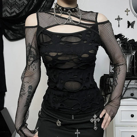 Gothic Chick Tops Y2k Personalized Dark Wind Slim Grid Hole Breaking Long Sleeve Tops FeTide