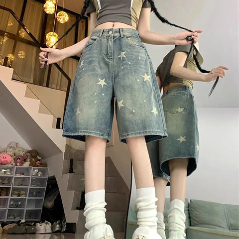 Y2K Star Printed Denim Shorts High Waist Wash Knee Length Jeans Bf Streetwear Loose Wide Leg Pants