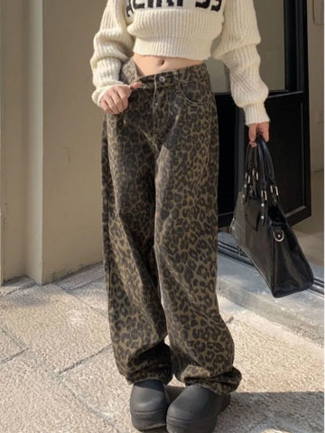 Voguable Vintage Leopard Print Pantalon Femme Wide Leg Pants High Waist Straight Y2k Jeans Casual Korean  Jean Trousers