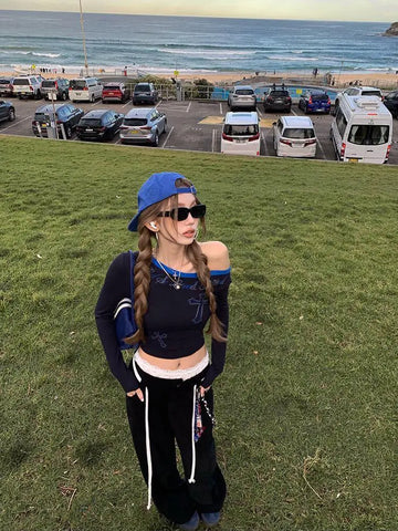 American Retro Patchwork Graphic T Shirts Woman Clothing One Shoulder Long Sleeve 2000s Clothes Y2k Tops