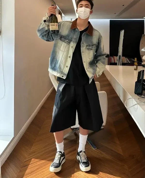 and Style Distressed Denim Jacket Korean Style Premium Contrast Color Casual Lapel Clothing Y2k