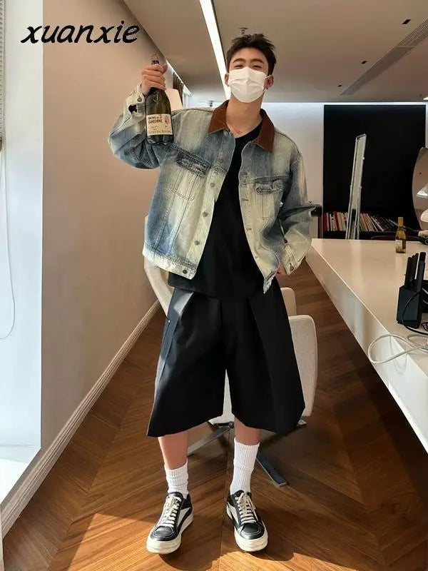 and Style Distressed Denim Jacket Korean Style Premium Contrast Color Casual Lapel Clothing Y2k