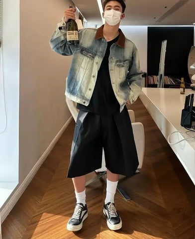 and Style Distressed Denim Jacket Korean Style Premium Contrast Color Casual Lapel Clothing Y2k