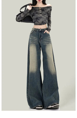 Streetwear Retro Jeans Loose High Waist Y2K Denim Pants Casual American Harajuku Fall FePockets Wide Leg Trousers New