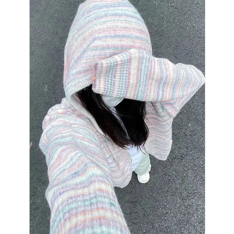 Japanese Y2k Rainbow Striped Kawaii Cardigans All Match Hooded Sweaters Loose Zipper Grunge Knitted Coat Pull Femme