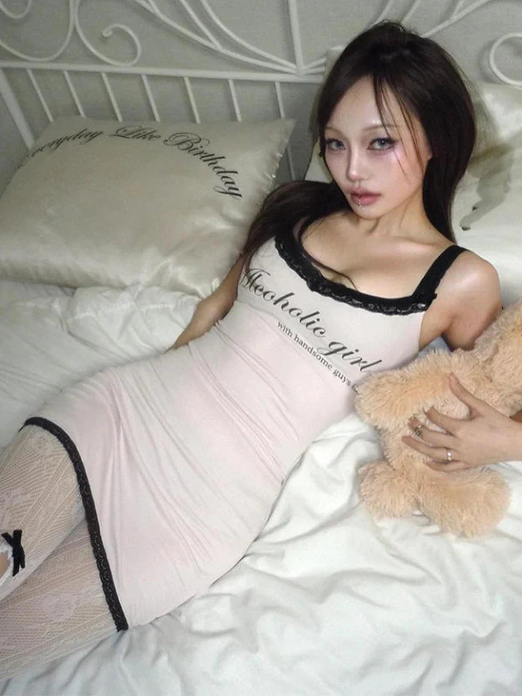 Streetwear Y2K Dress vintage Aesthetic Hip Hop Casual Cute Pink Bow Lace Punk emo girl Slim V Neck Dress
