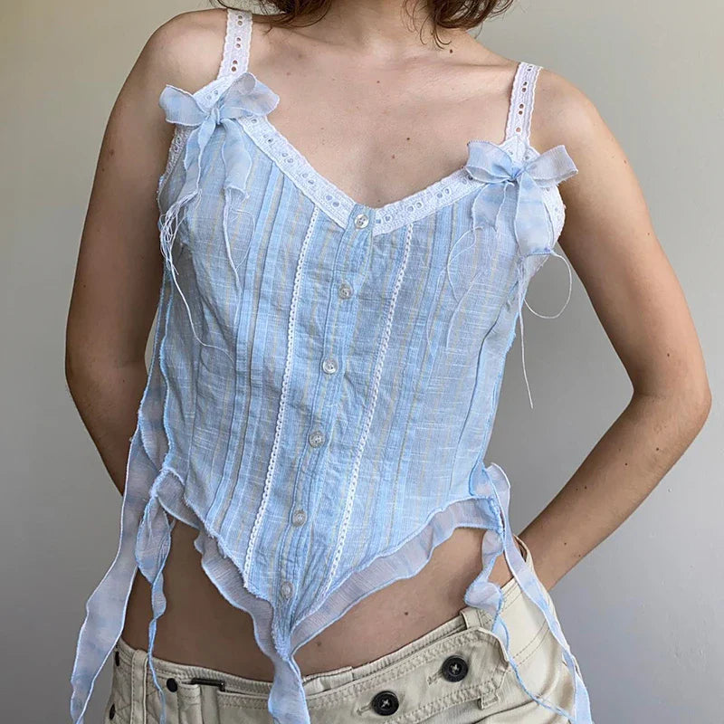 Voguable Kawaii Lace Stitching V-neck Striped Irregular Crop Top Baby Blue Fairy Button-up Sleeveless Top Y2K Japanese Style Top