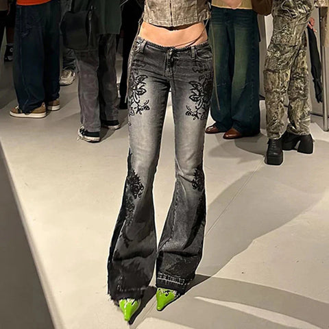 Streetwear y2k Flare Jeans Distressed 2000s Floral Print Low Rise Slim Denim Pants Korean Trousers Retro Mom Jeans