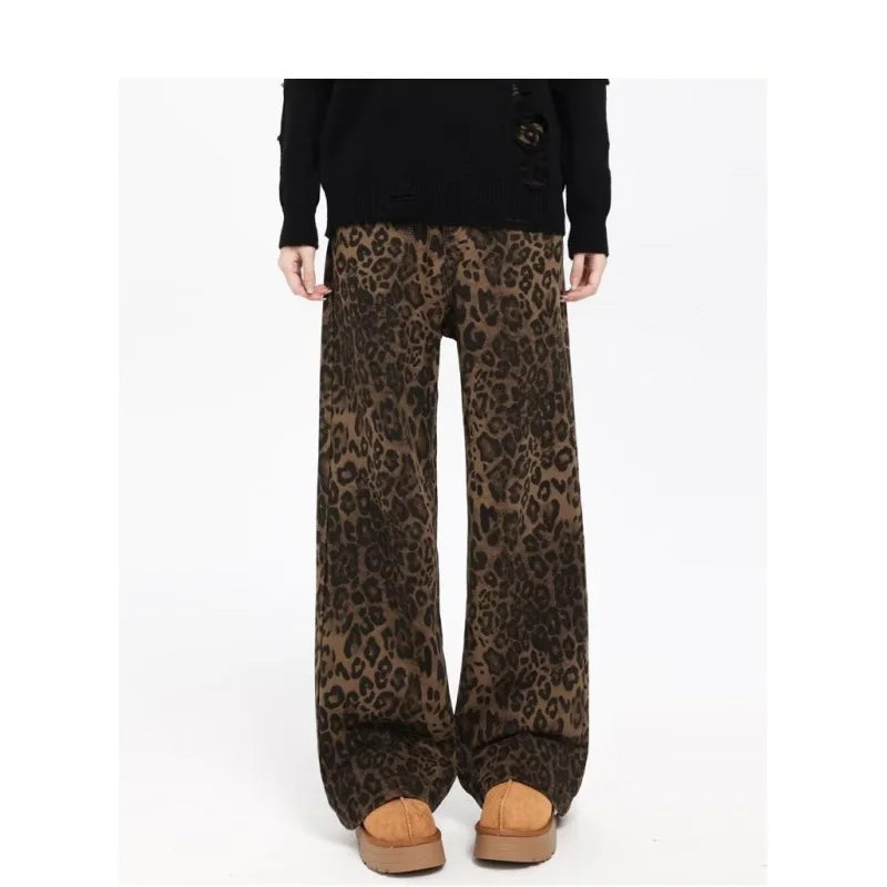 Trend Youth Straight Leopard Print Casual Pants For Y2k American Retro Design Feel Temperament Commuter Cargo Pants
