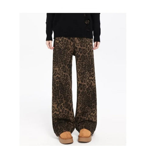 Trend Youth Straight Leopard Print Casual Pants For Y2k American Retro Design Feel Temperament Commuter Cargo Pants