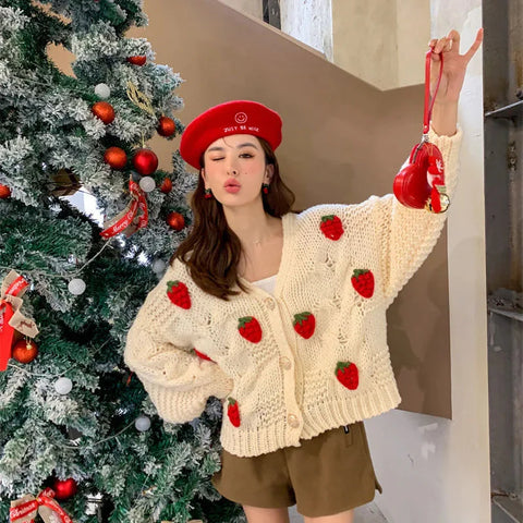 Winter Strawberry Knitting Cardigan Y2K Loose Long Sleeve Thicken Warm Sweater Korean Chic Preppy Sweater
