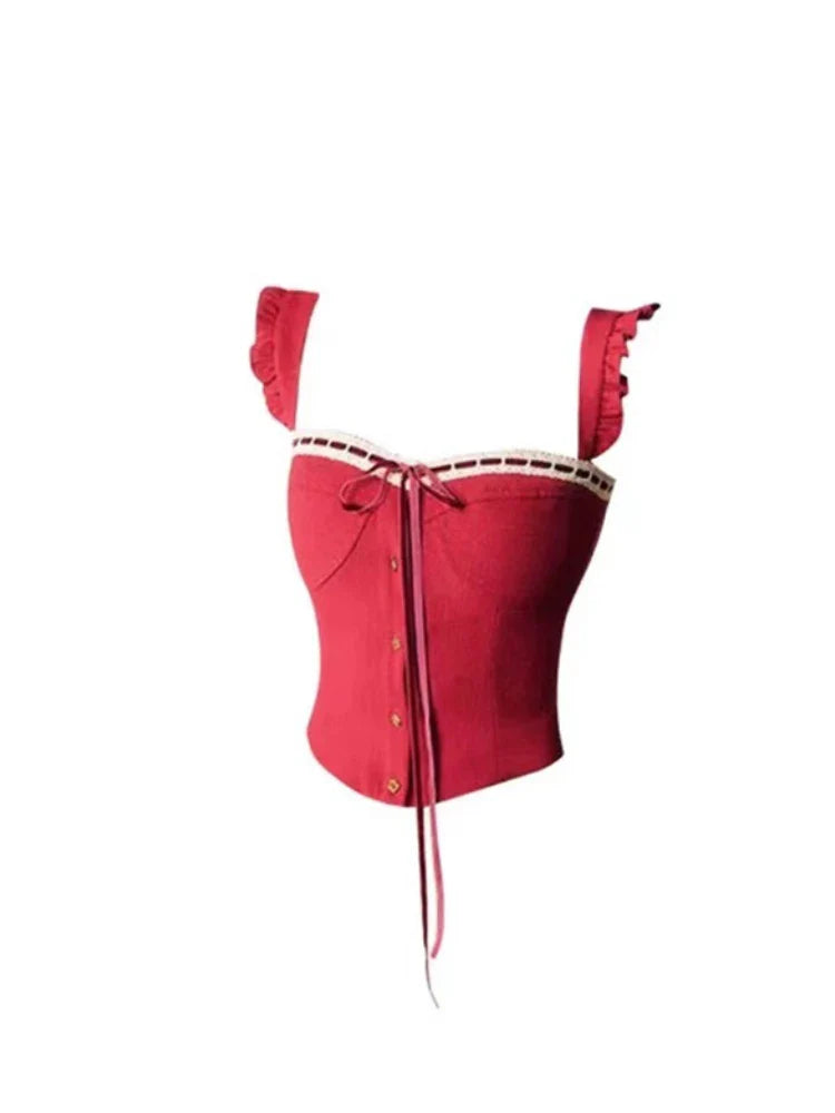 Voguable Harajuku 2000s Aesthetic Outfits 2 Piece Skirt Set Gyaru Off Shoulder Red Tank Top + Japanese Vintage Pleated Skirt Coquette Y2K