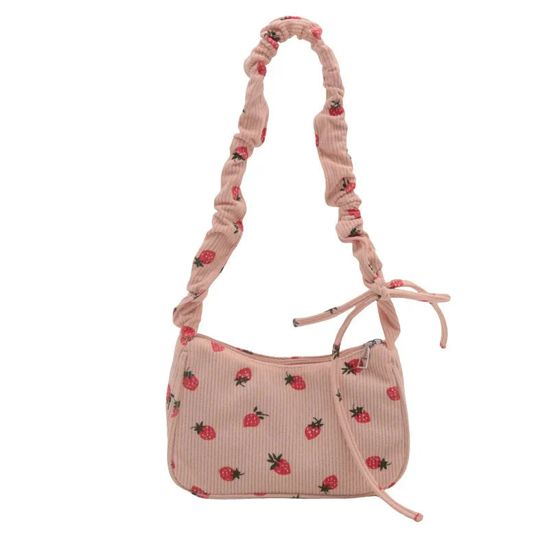Kawaii Cute Strawberry Print Shoulder Bags Y2k Aesthetic Casual Underarm Bag Japanese Fairy Sweet Handbags