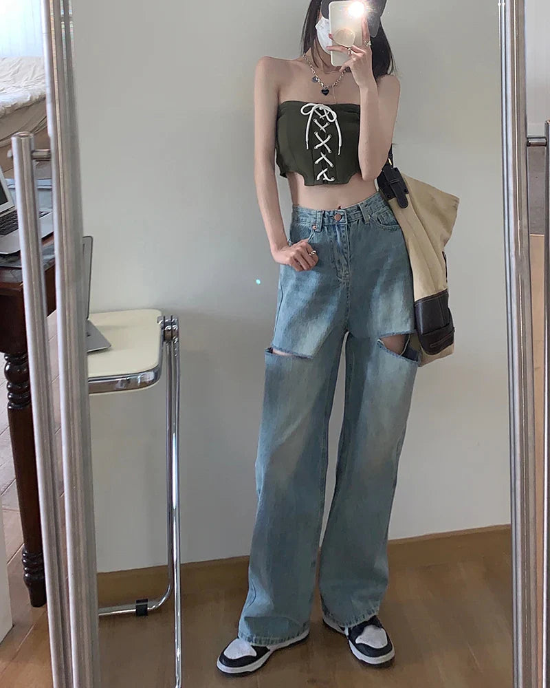 High Waist Ripped Straight Jeans Blue Denim Trousers Y2k Korean Clothing Streetwear Baggy Pants