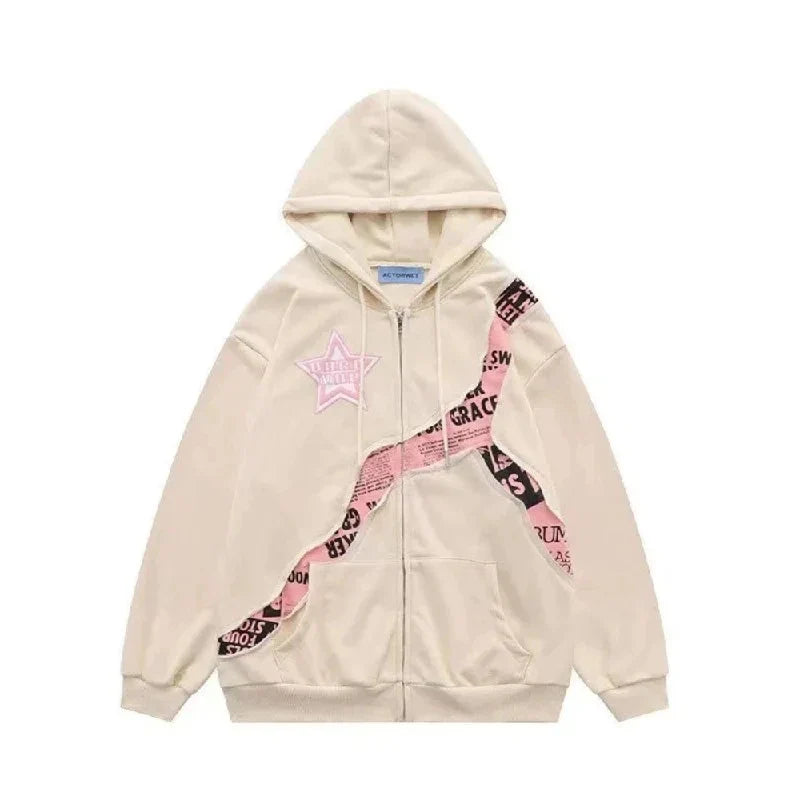 Harajuku Vintage Zip Up Hoodies Y2K Hip Hop Letter Print Sweatshirts Gothic Streetwear Loose Patchwork Tops Hip Hop Coats