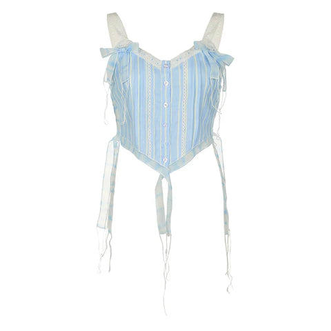 Voguable Kawaii Lace Stitching V-neck Striped Irregular Crop Top Baby Blue Fairy Button-up Sleeveless Top Y2K Japanese Style Top