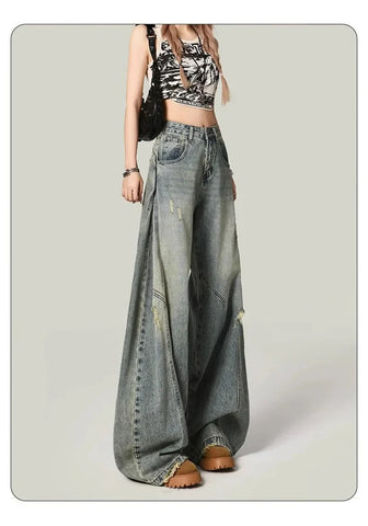 Y2K Hole Jeans Streetwear American Retro High Waist Loose Denim Pants Casual Hip Hop Vintage Pockets Lady Gothic Trousers