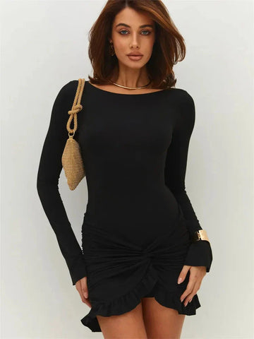 Ruffled Twist Skinny MIni Dress Long Sleeve Patchwork High Waist Party Dress FeY2k Bodycon Dress