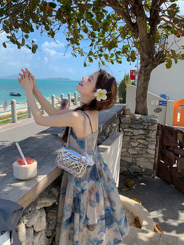 Voguable Elegant Floral Midi Dress Casual Y2k Clothing White One Pice Dress Korean Beach Style Slim Party Dress Chic