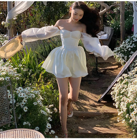 Voguable White Bubble Sleeve Dress Niche Design Pure Princess Skirt Girl Elegantes Party Prom Vintage Evening Y2k