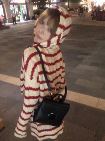 Japanese Y2k Hooded Cardigan 2000s Aesthetics Rabbit Ears Zipper Knitwear Vintage Harajuku Red Stripe Sweater Grunge