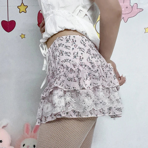 Voguable  Kawaii Floral Print Lace Stitching A-line Skirt Pink Low Waist Chiffon Skirts Y2K Coquette Lolita Skirts Soft Girls