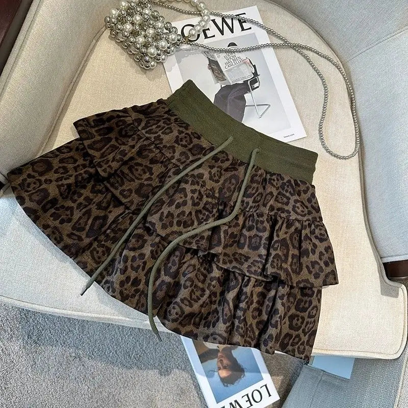 American Leopard Print Fluffy Skirts Y2K High Waist Ruffles Mini Skirts Sweet Preppy All Match A Line Skirt