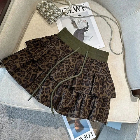 American Leopard Print Fluffy Skirts Y2K High Waist Ruffles Mini Skirts Sweet Preppy All Match A Line Skirt