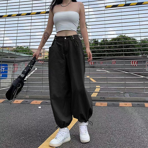 Voguable  Khaki Oversized Cargo Baggy Pants Y2K Hip Hop Style Loosed  Adjustable Waist Drawstring Long Pant Streetwear 90s Style Clothes