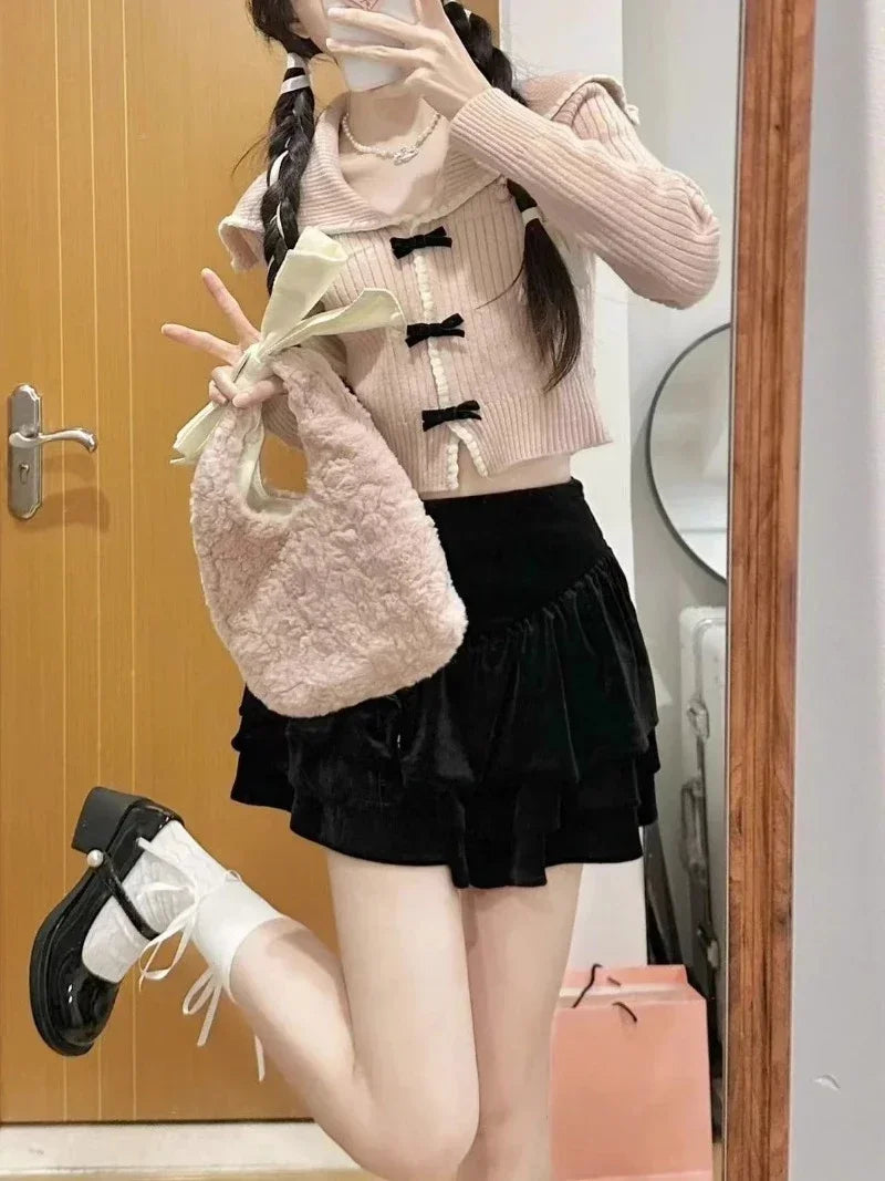 Voguable  Pink Sweet Cardigan Long Sleeve Y2k High Waist Knitted Coats Tops Japan Style Bow Sweaters Kawaii Slim Fit Women