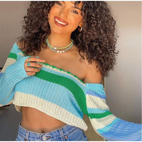 Voguable Knitted Y2K Clothes Crop Top Colored Striped Off The Shoulder T shirts Long Sleeve Trendy Short WoTops