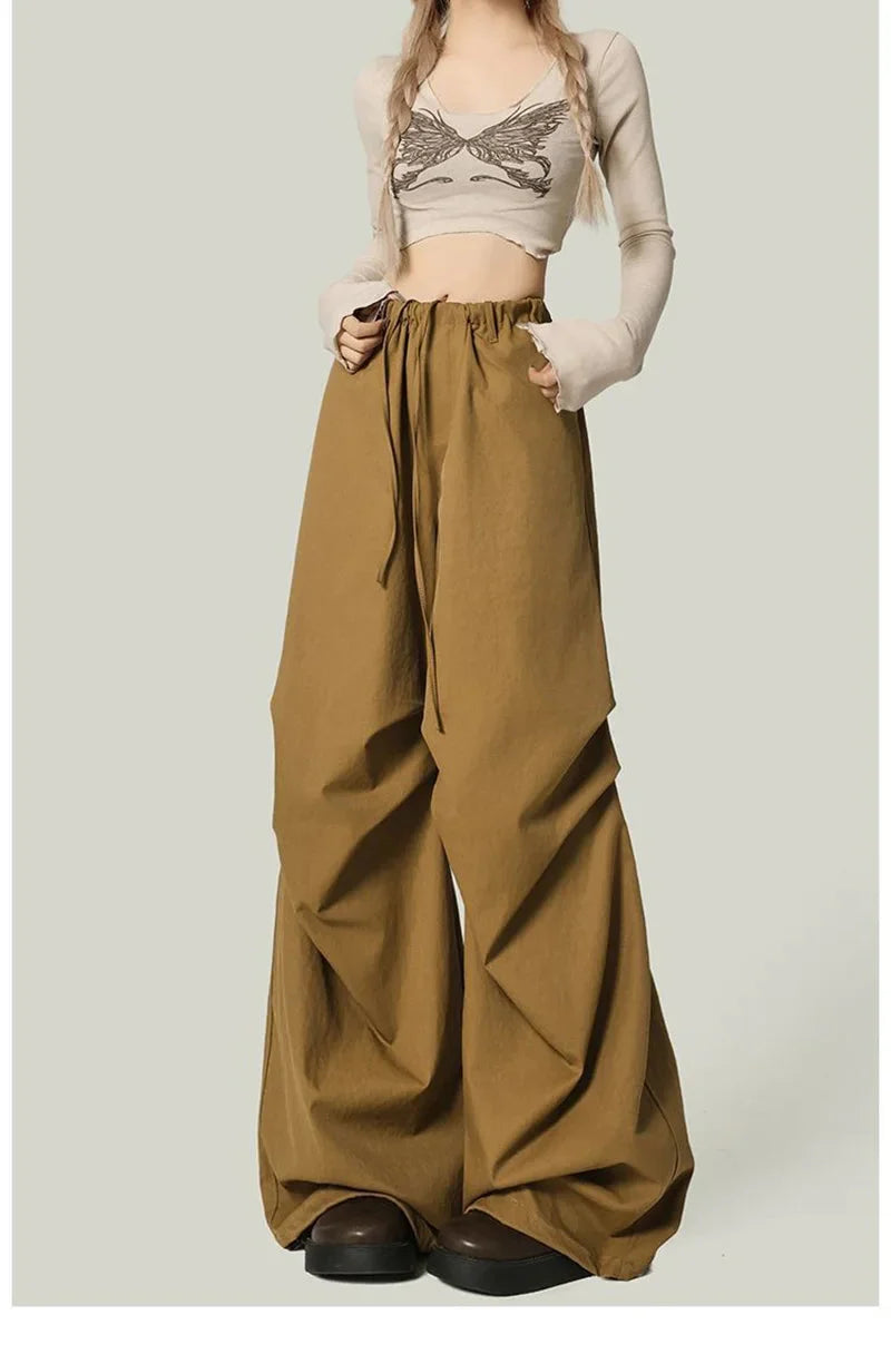Black Y2K Streetwear Cargo Pant Vintage High Waist American Loose Trousers Hip Hop Retro Bf Wrinkles Paratrooper Pants New