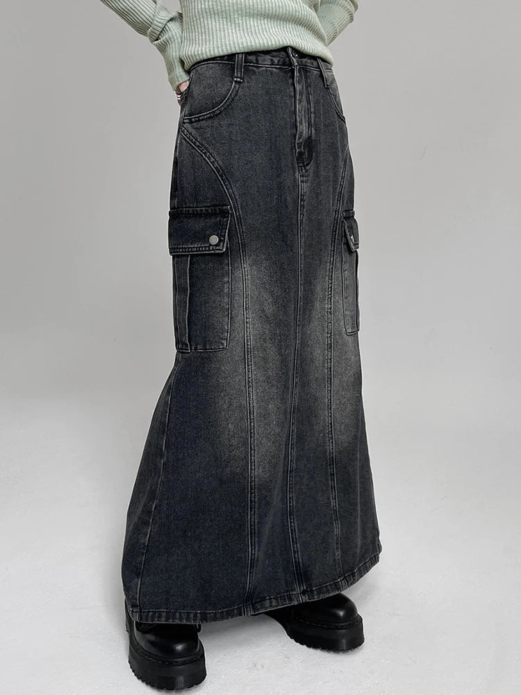 Voguable Vintage Pocket Split Washed Denim Maxi Skirt High Waist Y2K Streetwear Long Skirts Harajuku Korean Fairy Grunge