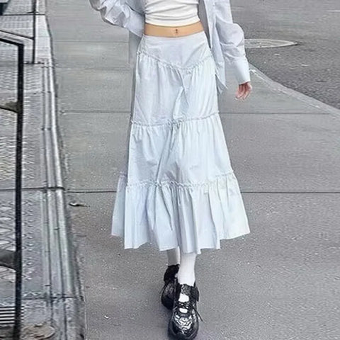 Voguable  Fairycore Floral Edge A-line Long Skirt White Coquette Aesthetic Skirts Y2K Holiday Party Casual Outfit Sweet Skirts