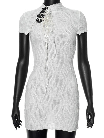 Jacquard Shirring Dress See Through Elegant Chic Y2K Shorts Sleeve Peach Hip Simple Mini Bodycon
