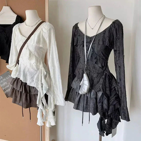 Irregular Patchwork T Shirts Y2K Gothic Ruffled Sleeve FeTops Streetwear Hollow Out Hole Casual Tees New