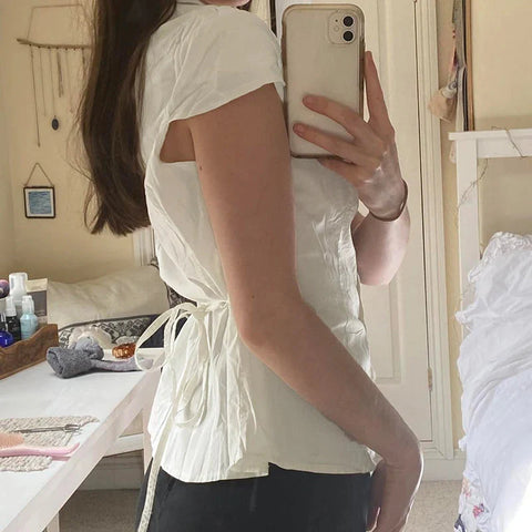 Vintage Folds Crop Top White Button Up Short Sleeve Blouse Bandage Korean T-shirt Casual Streetwear y2k Tee