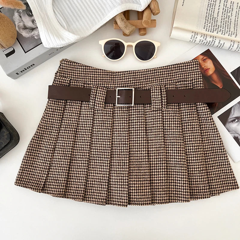Y2K Low Rise Houndstooth Mini Skirt with Belt Woolen Pleated Mini Skirt Ladies Winter Outfit