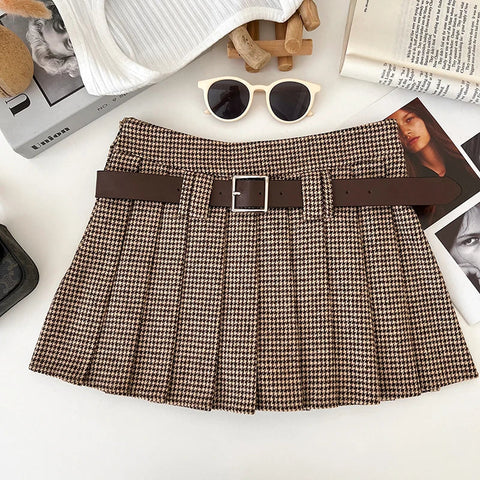 Y2K Low Rise Houndstooth Mini Skirt with Belt Woolen Pleated Mini Skirt Ladies Winter Outfit