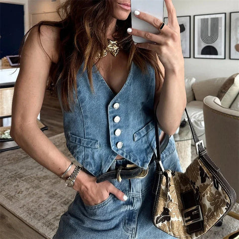 Denim Vest y2k Clothes V Neck Button Front Sleeveless Tank Tops Jean Waistcoat 2000s Clothes Streetwear