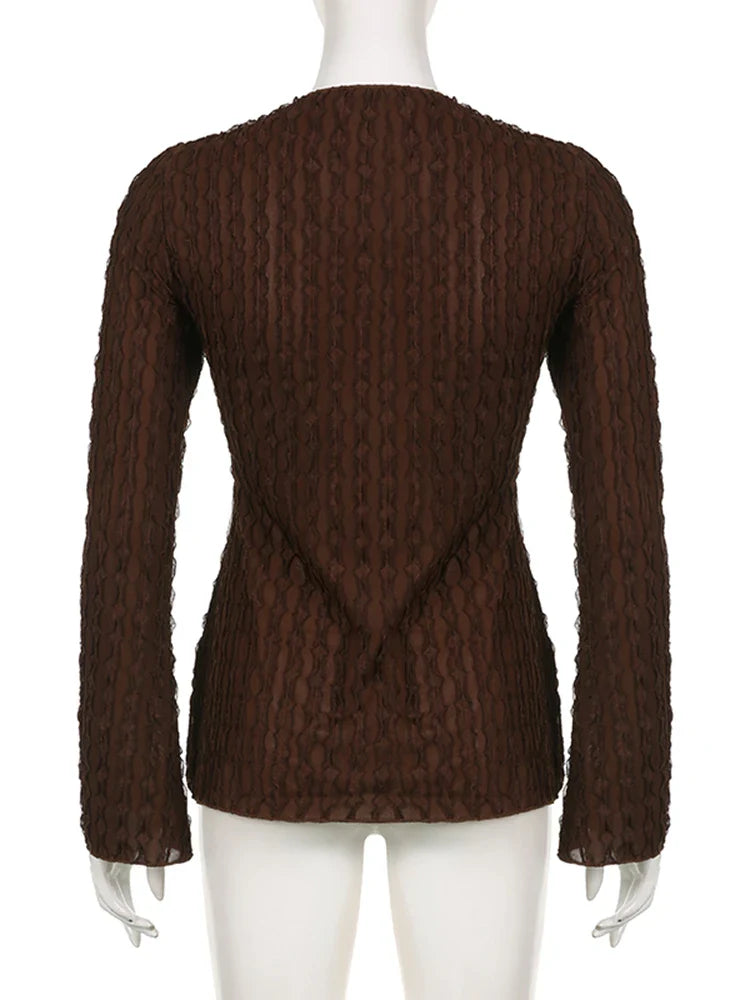 Voguable Lace Butterfly Patchwork Cardigan Top for Y2K Aesthetics Brown Bandage Long Sleeve T Shirts Grunge Fairycore