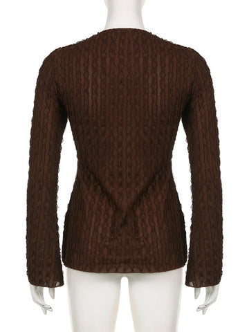 Voguable Lace Butterfly Patchwork Cardigan Top for Y2K Aesthetics Brown Bandage Long Sleeve T Shirts Grunge Fairycore