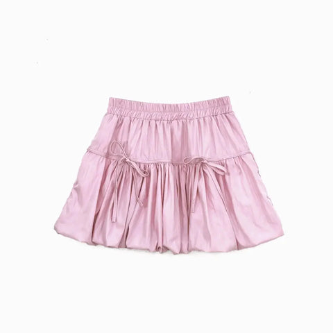 Y2k Bubble Mini Skirt Elastic Waist Ruffle Flare Puffy Skirt High Rise Cute Pleated Lace-up Bow Tie Lantern Short Skirt