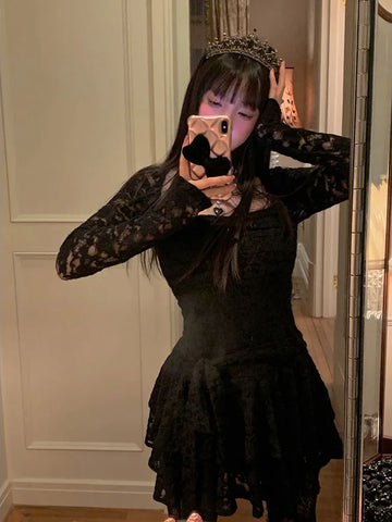 Lace Basic Causal Dress Square Collar Slim Waist Tunic  All Match Dresses Y2k Aesthetic Elegant Vestidos