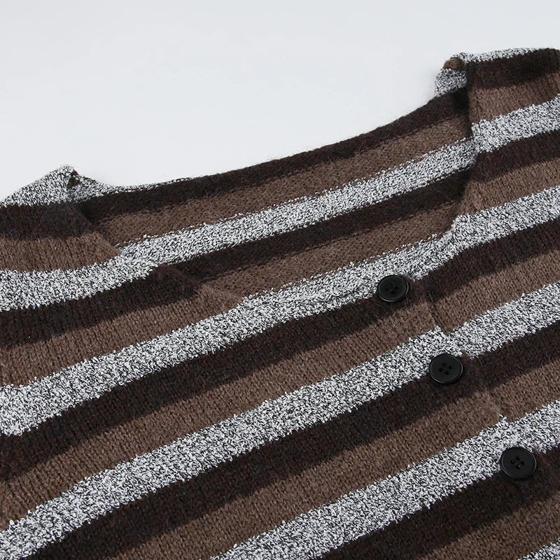 Casual Furry Striped T Shirt With Scarf Winter Y2K Slim O-Neck Long Sleeve Tees Cardigans Streetwear