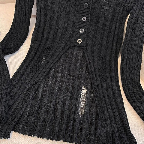 Hollow Out Knitted Cardigan Y2K Korean Streetwear Hole Long Sleeve Sweaters Thin Irregular FeTops