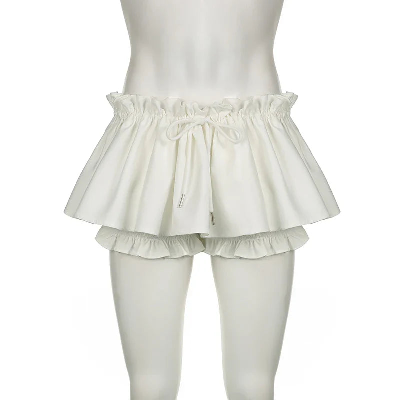 Voguable Japanese Lolita Style A-line Shorts Skirt White Low-waisted Lace-up Tutu Skirts Fairycore Cute Bottoms y2k Kawaii Skirt